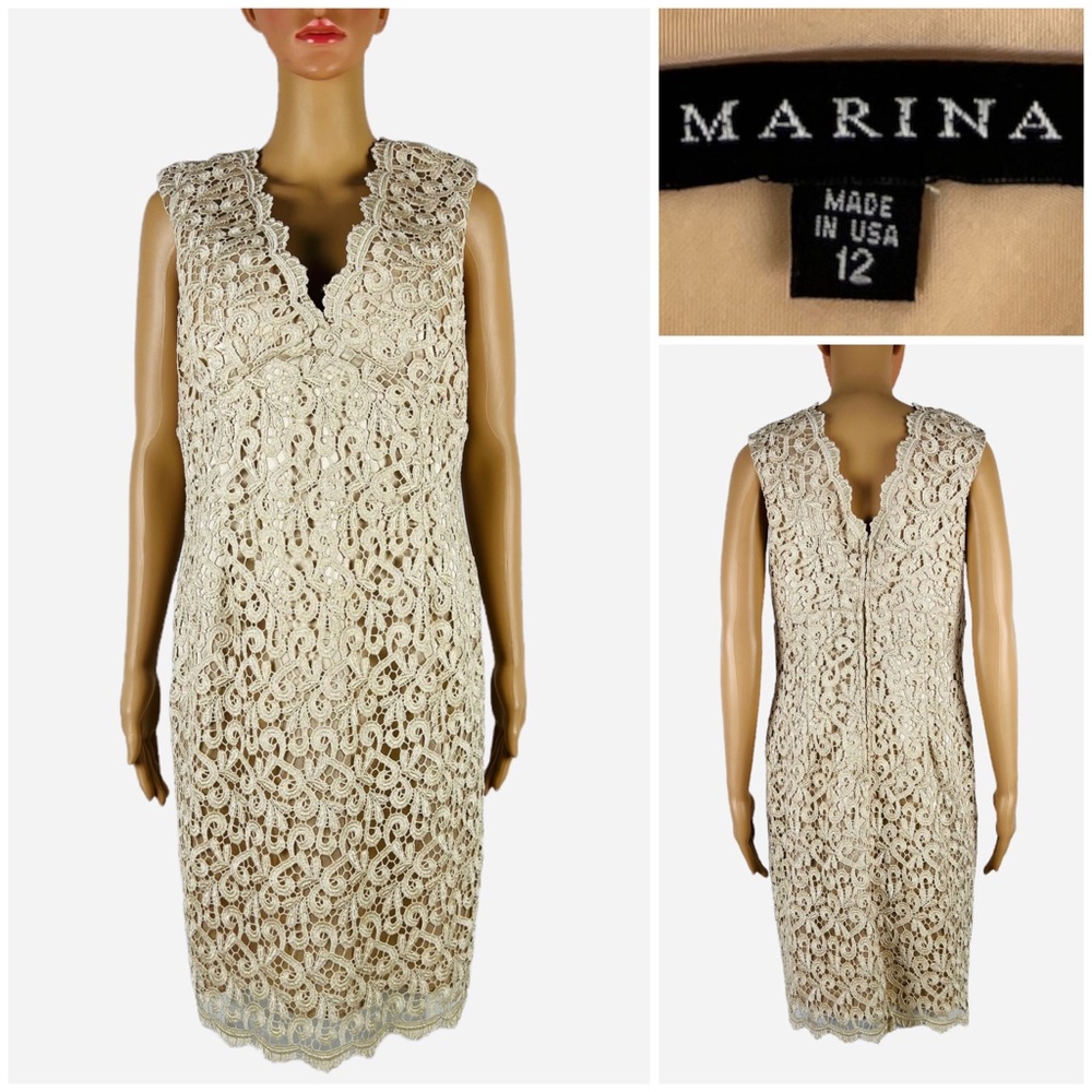 Marina Womens 12 Dress Lace V Neck Cocktail Beige Golden Metallic Lined EUC